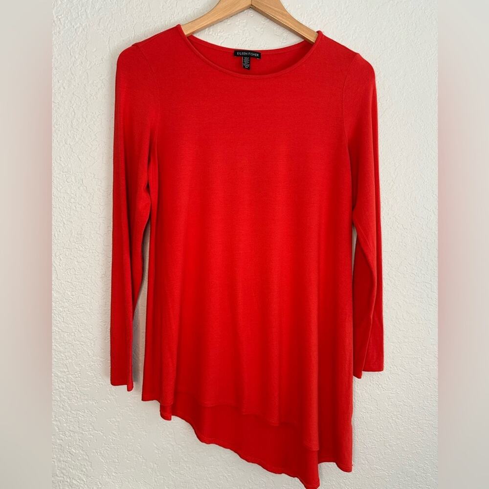 Eileen Fisher Red Orange Viscose Top Long Sleeve Stretch Asymmetrical Preppy